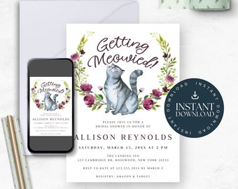 Editable Bridal Shower Invitation Template, Getting Meowied Cat Themed Party, Cute Kitty Printable Getting Married Invite, No. 4100