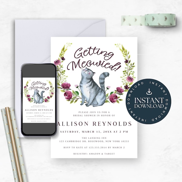 Bridal Shower Invitation, Editable Getting Meowied Invitation Template, Cute Cat Theme Party, Birthday, Printable No. 4100