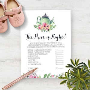 Price is Right Baby Shower Game, Printable Guess the Price Activity, Baby Shower Girl Tea Party,  Watercolor Floral, Printable No. 1018
