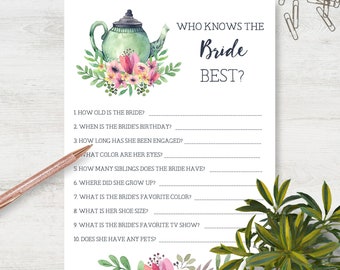 Who Knows Bride Best Game, Printable Bridal Shower Activity, Wedding Tea Party, Watercolor Tea Pot, Game for Guests, Printable No. 1018