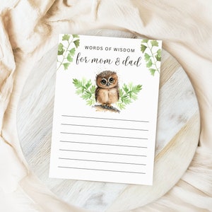 Biglietto con parole di saggezza per baby shower, modello modificabile con consigli per mamma e papà, baby shower con gufo del bosco, attività di genere neutro, foresta, OWL10
