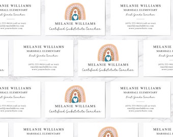 Substitute Teacher Business Cards, Boho Rainbow Open House Contact Cards, Back to School, Relief Teacher, Instructor Cards, Tutor Cards