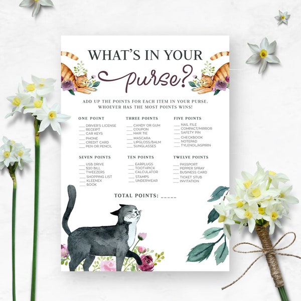 What's In Your Purse Bridal Shower Game, Printable Getting Meowied Shower Activity, Couple'sShower Game, Cat Theme, Printable No. 4100