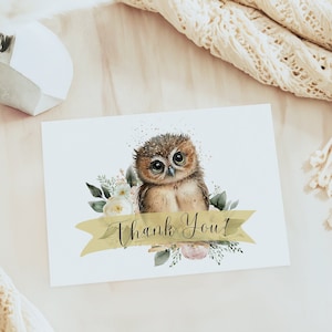 Carte de remerciement hibou des bois, modèle de carte de remerciement pour baby shower, carte pliée sans distinction de sexe, baby shower garçon modifiable, look whooos, OWL10