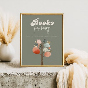 Livres pour enseigne de table de bébé, carte d'insertion de demande de livre modifiable, modèles de baby shower vert sauge, bébé sans distinction de sexe, bébé floral bohème, BO713