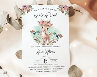 Editable Baby Shower Invitation, Our Little Deer Template, Woodland Deer Shower Invite, Printable Baby Girl Shower Invitation, Forest Animal