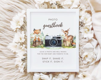 Photo Guestbook Sign, Woodland Baby Shower Polaroid Decor, Editable Baby Shower Sign, Table Sign Template, Woodland Fox, Baby Deer, WO123