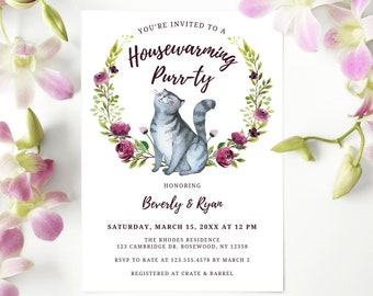 Editable Housewarming Party Invitation, Housewarming Purr-ty Invite, Cat Puns, Cat Invitation Template, Watercolor Cat, Printable No. 4100