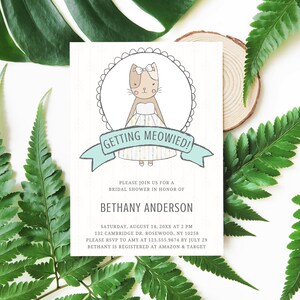 Modèle d'invitation nuptiale modifiable sur le thème des chats, kitty imprimable bleu « Meowied » n° 1020