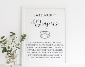Late Night Diapers Baby Shower Activity Sign, Minimal Table Sign Decor, Simple Gender Neutral Diaper Sign, Fun Diaper Notes Printable, MIN24