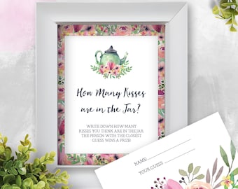 Printable Guess How Many Kisses Game, Bridal Shower Activity, Bridal Shower Tea, How Many Kisses? Tea Party Shower Game, Printable No. 1018