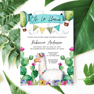 Llama Baby Shower Invitation, Printable Alpaca Baby Shower Template, Editable Fiesta Gender Reveal Invite, Cacti Theme, Printable No. 1011