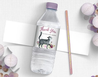 Étiquette de bouteille d'eau de baby shower, modèle d'étiquette modifiable sur le thème de chat, cadeaux de naissance parfaits, petit chaton en chemin, imprimable n° 4100