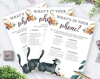 What's On Your Phone Game, Bridal Shower Game Template, Getting Meowied Cat Theme Bridal Shower, Cute Kitty Cat Mom, Printable No. 4100