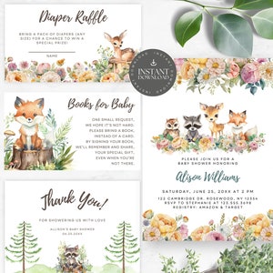 Lot d'invitations pour baby shower des bois, modèles de douche modifiables, cartes enclos d'animaux de la forêt, carte de remerciement, imprimable n° WO123