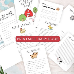 Printable Baby Book, Farm Animal Baby Book, Baby Book Pages, Baby Book First Year, Baby Milestone Book, Monthly Memory Book
