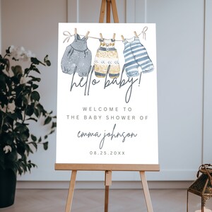 Baby Boy Clothes Welcome Sign, Editable Hello Baby Welcome Poster, Boho Baby Boy Laundry Template, Printable Laundry Clothesline Decor, BC01