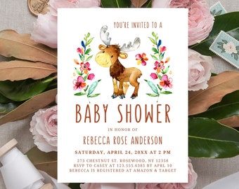 Printable Moose Baby Shower Invitation, Woodland Baby Shower Template, Baby Shower Girl Invite, Pink Floral Moose Bridal, Birthday, No. 1047