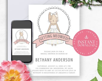 Editable Bridal Shower Invitation, Getting Meowied Template, Getting Married Invite, Cat Bridal Theme, Cute Kitties, Printable No. 1020