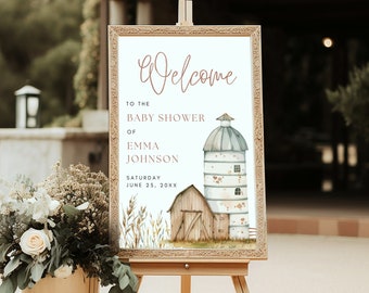 Baby Shower Welcome Sign, Editable Farm Silo Welcome Poster, Gender Neutral Welcome Template, Terracotta Boho Farmland,  Rustic Barn, FA24