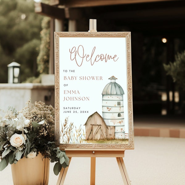 Baby Shower Welcome Sign, Editable Farm Silo Welcome Poster, Gender Neutral Welcome Template, Terracotta Boho Farmland,  Rustic Barn, FA24