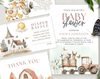 Farmers Market Baby Shower Invite Template, Editable Boho Farm Bundle, Gender Neutral Cards, Sunflower Book Request, Tractor Invite,  FA24