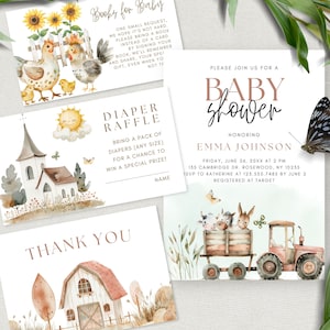 Modèle d'invitation de baby shower de Farmers Market, lot modifiable de ferme bohème, cartes non sexiste, demande de livre tournesol, invitation de tracteur, FA24