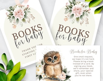 Books for Baby Table Sign, Baby Shower Book Request Insert Card, Editable Woodland Owl Baby Shower, Gender Neutral Decor Templates, OWL10