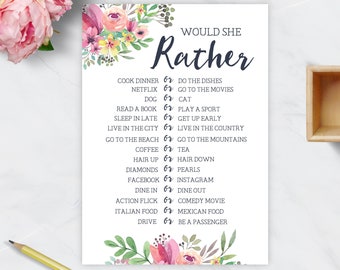 Would She Rather Bridal Shower Game, Floral Bridal Shower Game, Bridal Shower Activity, Bachelorette Party Game, Wedding, Printable No. 1018