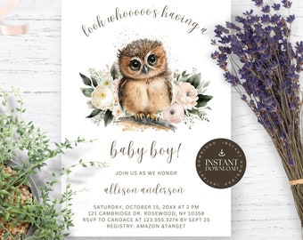Editable Owl Baby Shower Invitation, Baby Boy Baby Shower Template, Look Whooos Having a Baby Boy, Printable Baby Shower Invite, OWL10