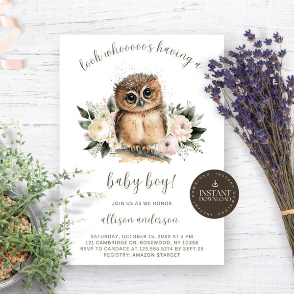 Editable Owl Baby Shower Invitation, Baby Boy Baby Shower Template, Look Whooos Having a Baby Boy, Printable Baby Shower Invite, OWL10