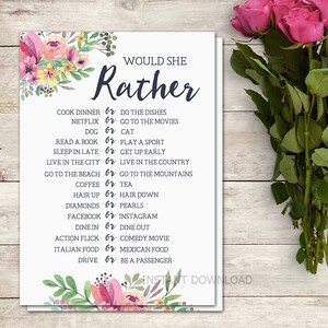 Would She Rather Bridal Shower Game, Floral Bridal Shower Game, Bridal Shower Activity, Bachelorette Party Game, Wedding, Printable No. 1018 image 6