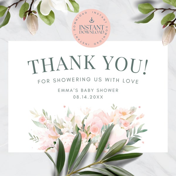 Editable Thank You Card, Peach Floral Baby Shower Card Template, Blush Pink Baby Girl  Shower, Spring Babies, Bridal Shower, Bouquet, WO418