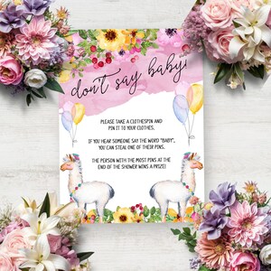 Don't Say Baby Game Sign, Printable Baby Shower Activity, Llama Fiesta Baby Shower Theme, Take Their Clothespin Game, Printable No. 1046 image 4