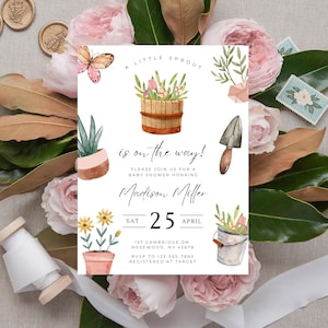 Geschlechtsneutrale kleine Sprout-Babypartyeinladung, mit Liebe Baby gesprenkelte Bauernmarktstand-Dusche einladen gewachsen, Frühlingspflanzen, GAR1