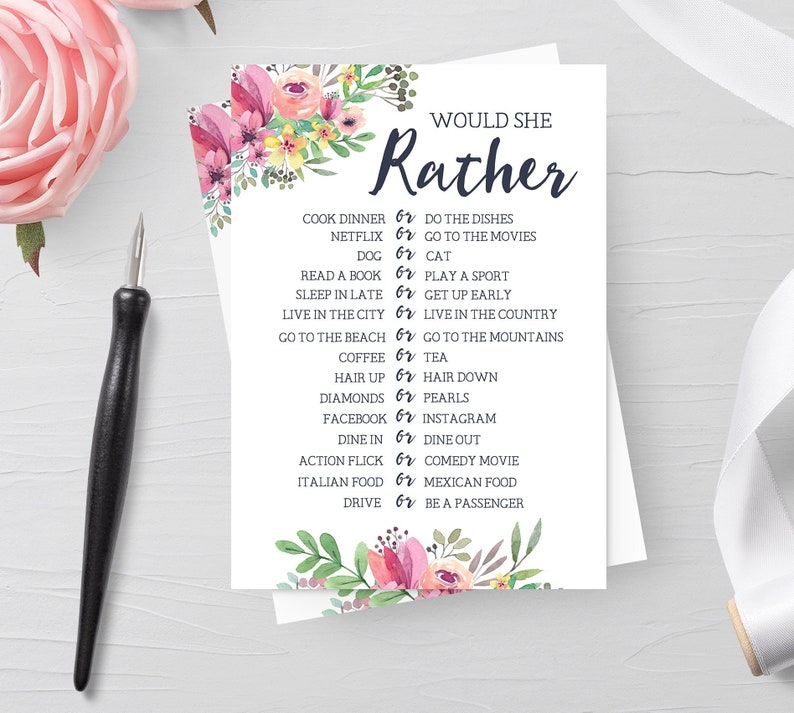 Would She Rather Bridal Shower Game, Floral Bridal Shower Game, Bridal Shower Activity, Bachelorette Party Game, Wedding, Printable No. 1018 image 4