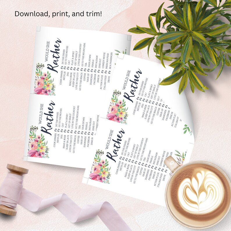 Would She Rather Bridal Shower Game, Floral Bridal Shower Game, Bridal Shower Activity, Bachelorette Party Game, Wedding, Printable No. 1018 image 3