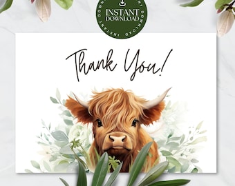 Printable Thank You Card, Thank You for Your Gift, Thanks for Coming, Highland Cow Shower Theme, Gender Neutral Folded Card, Boho Farm,COW24