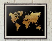 Printable Wall Art, Black and Gold World Map, 10x8 in, Faux Gold Foil, Dorm Art, Apartment Decor, Classroom Art, Home Decor, Black and Gold