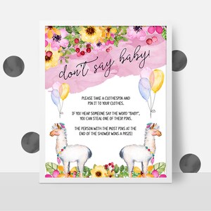 Don't Say Baby Game Sign, Printable Baby Shower Activity, Llama Fiesta Baby Shower Theme, Take Their Clothespin Game, Printable No. 1046 image 8