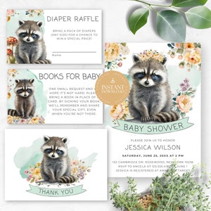 Lot d'invitations pour baby shower, modèles de shower de raton laveur des bois modifiables, carte d'insertion de tirage de couches, demande de livres pour bébé, carte de remerciement