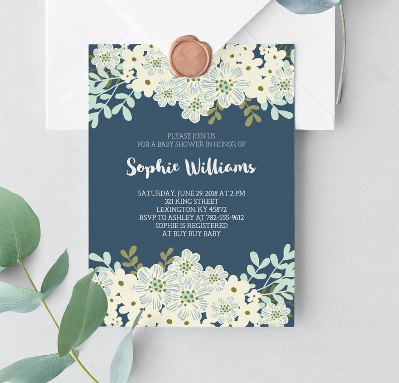 Printable Blue White Floral Baby Shower Invitation Bridal Etsy Printable Blue White Floral Baby Shower Invitation Bridal Etsy