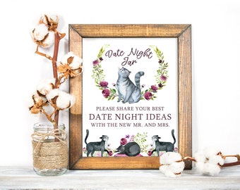 Date Night Jar Activity Sign, Printable Bridal Shower Activity, Co-ed Wedding Shower Game, Getting Meowied, Cat Theme Printable No. 4100