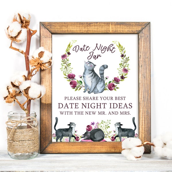 Date Night Jar Activity Sign, Printable Bridal Shower Activity, Co-ed Wedding Shower Game, Getting Meowied, Cat Theme Printable No. 4100