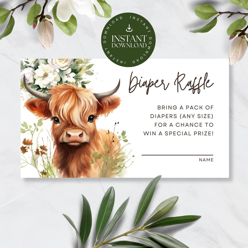 Nappy Raffle Highlander Baby Shower Diaper Raffle Card, Highland Cow Diaper Raffle Enclosure ...