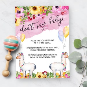 Don't Say Baby Game Sign, Printable Baby Shower Activity, Llama Fiesta Baby Shower Theme, Take Their Clothespin Game, Printable No. 1046 image 5