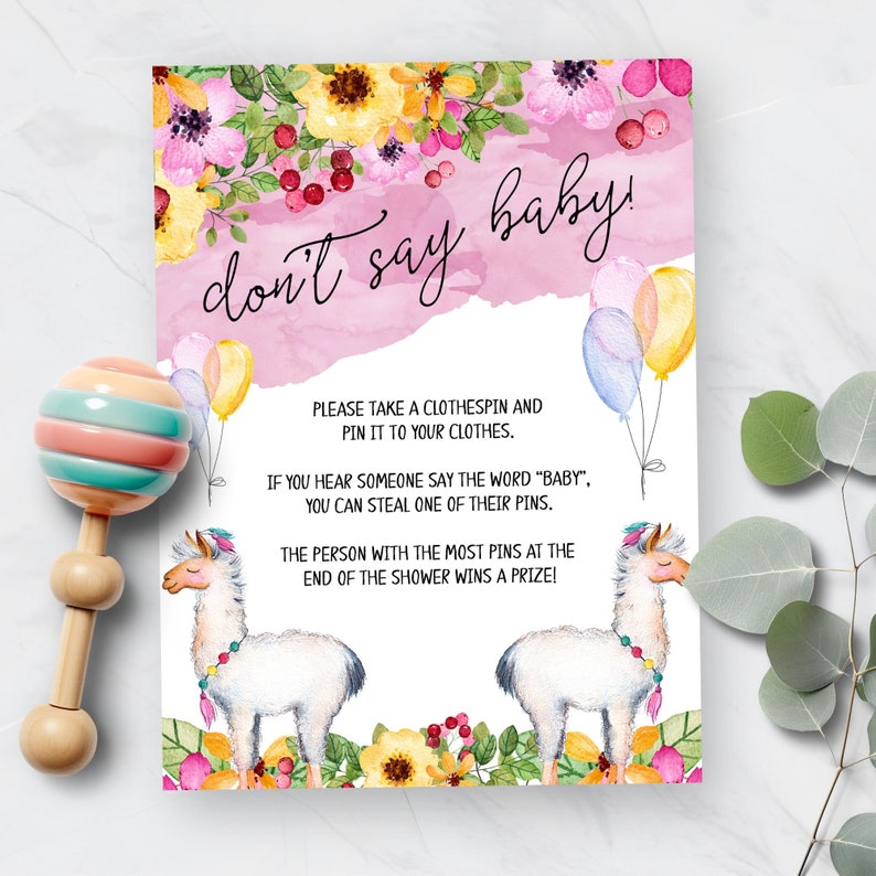 Don't Say Baby Game Sign, Printable Baby Shower Activity, Llama Fiesta Baby Shower Theme, Take Their Clothespin Game, Printable No. 1046 image 5