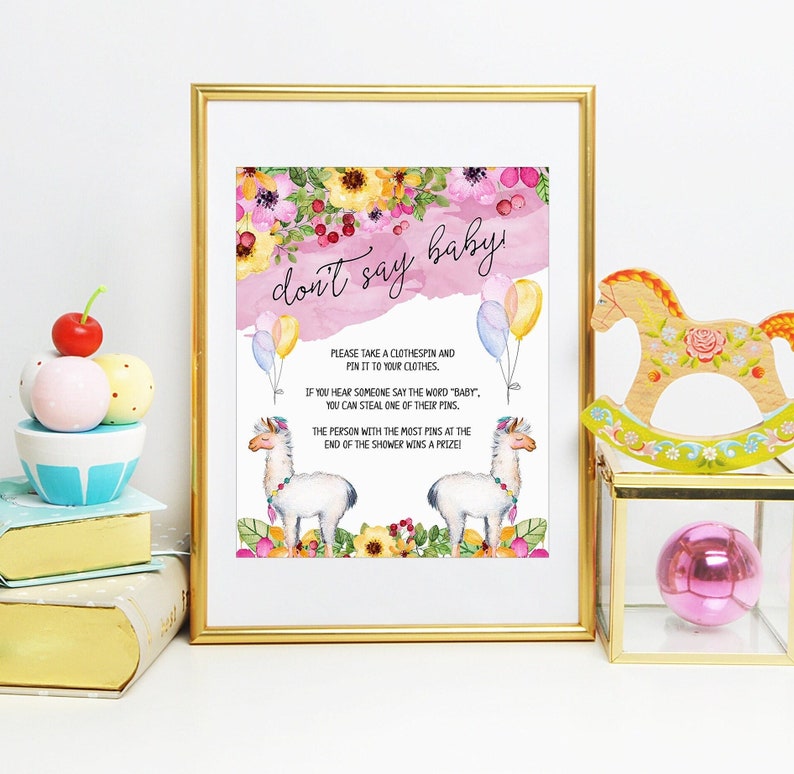 Don't Say Baby Game Sign, Printable Baby Shower Activity, Llama Fiesta Baby Shower Theme, Take Their Clothespin Game, Printable No. 1046 image 1
