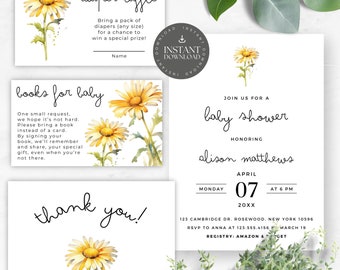 Baby Shower Invitation Bundle, Editable Shower Templates, Simple Daisy Diaper Raffle Card, Books for Baby, Thank You Card, Spring Shower