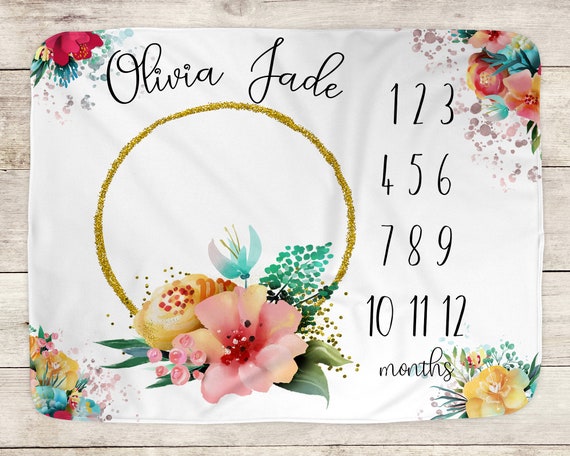 Monthly Growth Tracker Bright Floral Baby Shower Gift Month Blanket Photo Prop Milestone Baby Blanket Girl